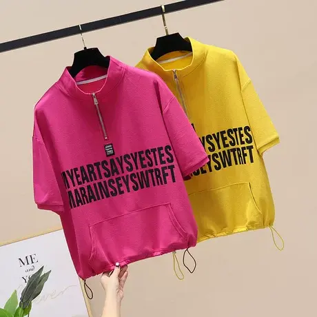 时尚短袖T恤女收腰短款上衣夏季2023年新款宽松百搭ins潮卫衣网红商品大图