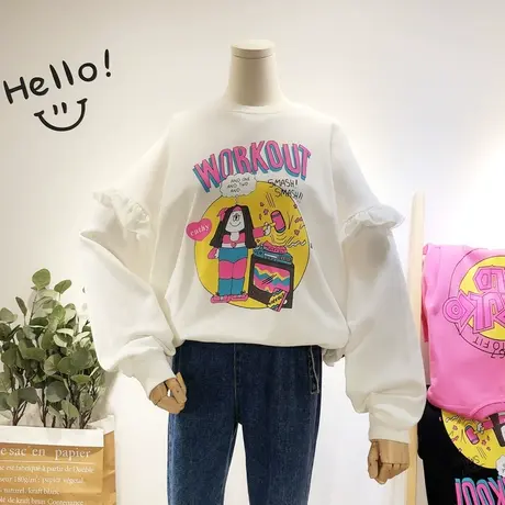 2019秋季新款ulzzang甜美卡通减龄荷叶边卫衣闺蜜姐妹装宽松显瘦图片