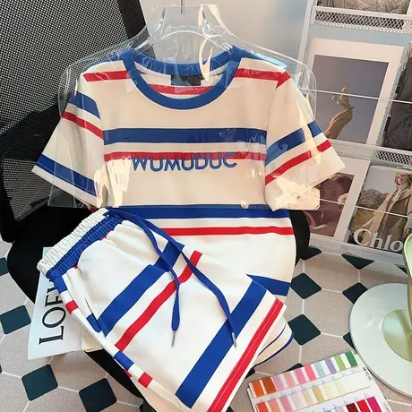 美式休闲运动条纹套装女夏季新款宽松学生短袖短裤两件套盐系炸街商品大图