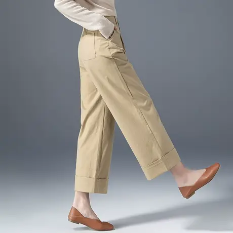卡其色裤子冰丝阔腿裤女夏季薄款2024新款天丝女裤夏翻边直筒九分商品大图