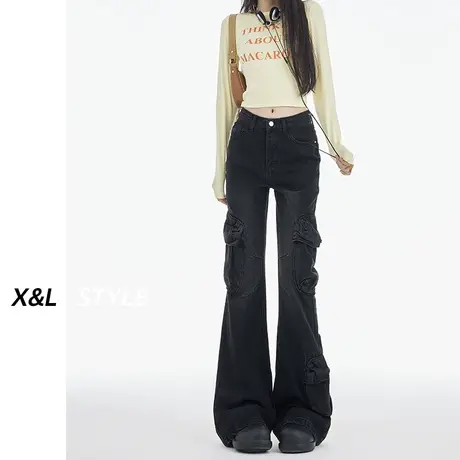 黑灰美式辣妹工装裤女春秋2023新款小个子高腰显瘦直筒牛仔马蹄子图片