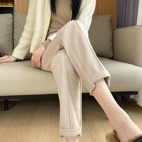 毛呢裤子女秋冬新款胖mm大码小个子休闲直筒烟管裤九分萝卜西装裤图片