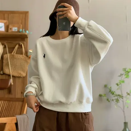 dza 复古纯色棉质小马加绒卫衣女士秋冬内搭圆领休闲宽松长袖上衣图片