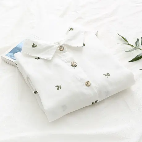 2021春秋装新款日系森女文艺树叶刺绣白色衬衫女宽松学生打底衬衣图片