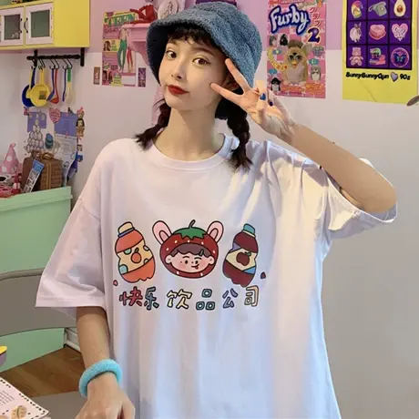 网红港风短袖t恤女夏季纯棉韩版宽松bf原宿风ins超火chic上衣服潮商品大图