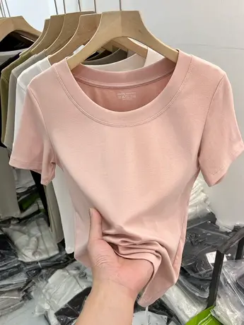 欧货纯色百搭圆领短袖T恤女2023夏装新款修身显瘦半袖体恤衫上衣商品大图