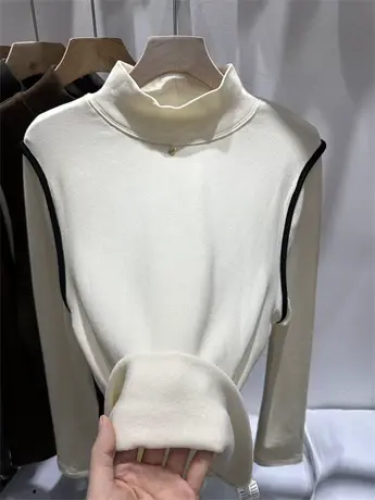 欧货半高领弹力加绒撞色女秋冬2023年新款加绒厚内搭打底衫高级感图片