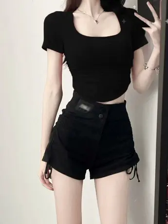 黑色辣妹短款短袖t恤女2023新款夏季小众设计感法式潮牌甜辣上衣商品大图