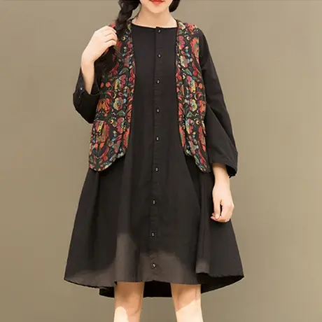 【买一送一】秋复古文艺宽松棉麻连衣裙大码九分袖圆领裙子商品大图