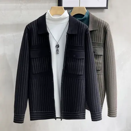 男士针织开衫秋季新款时尚潮牌条纹翻领纽扣毛衣夹克男休闲外套薄商品大图