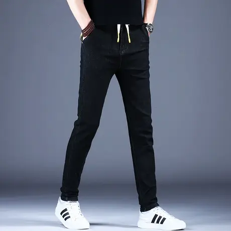 秋冬黑色休闲牛仔裤男款2023新款修身小脚系绳男裤子韩版潮流弹力商品大图