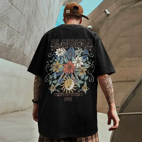 卡通印花加肥加大短袖男美式复古潮牌宽松大码220g重磅纯棉T恤潮图片