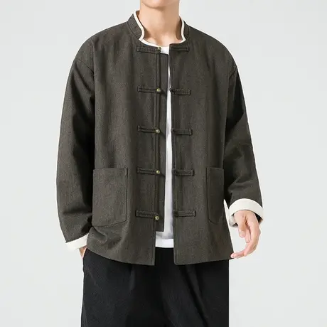 秋季男夹克中式盘扣唐装中国风复古立领撞色休闲加肥加大码潮外套商品大图