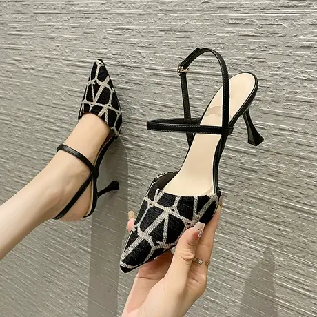 包头凉鞋女夏季2024新款尖头一字带小香风细跟高跟鞋名媛气质单鞋图片