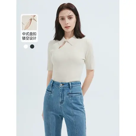 【会员专享】朗姿法式polo镂空修身上衣黑色白色针织衫女春秋奥莱商品大图