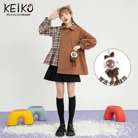 【赠挂饰】格纹拼接polo领卫衣2022春季设计感可爱娃娃衫女上衣商品大图