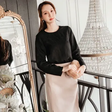 桔熊春秋季韩版通勤纯色圆领柔软宽松中长款上衣女士大码AB16238商品大图