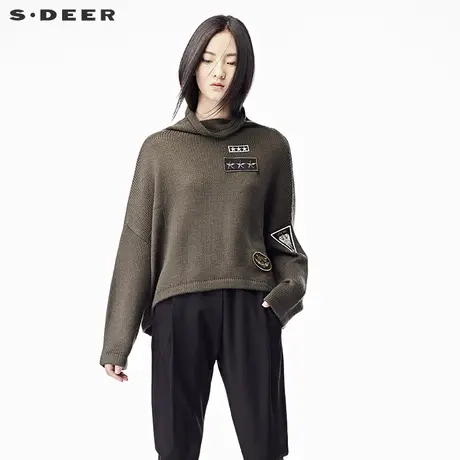 sdeer圣迪奥2019春装中性军绿高领贴布落肩针织短款毛衣S17383520🖲图片