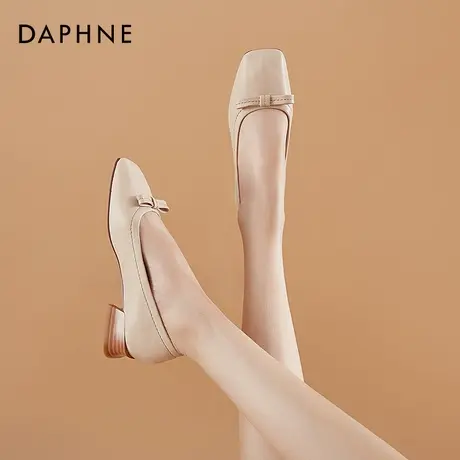 达芙妮方头粗跟单鞋女中跟软皮2020新款夏季复古仙女蝴蝶结奶奶鞋商品大图