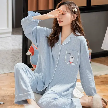 睡衣女春秋季纯棉长袖2021新款全棉套装韩版休闲可外穿家居服商品大图