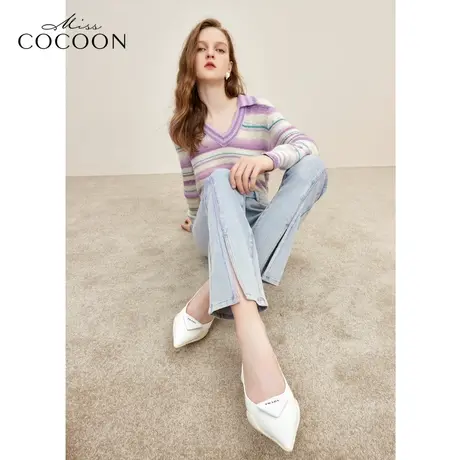 missCOCOON烫钻装饰微喇裤2023秋新女脚口开衩高腰长款通勤牛仔裤图片