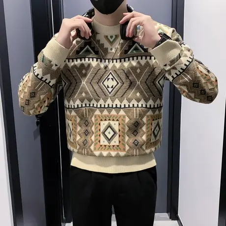 民族风菱格提花针织毛衣男时尚冬款潮牌宽松加厚套头花色打底线衣商品大图