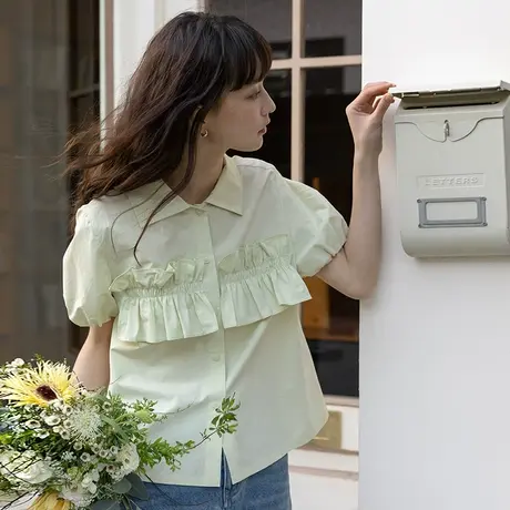omont蛋挞家 复古小方领抽褶花苞泡泡袖衬衫女夏季新款设计感衬衣图片