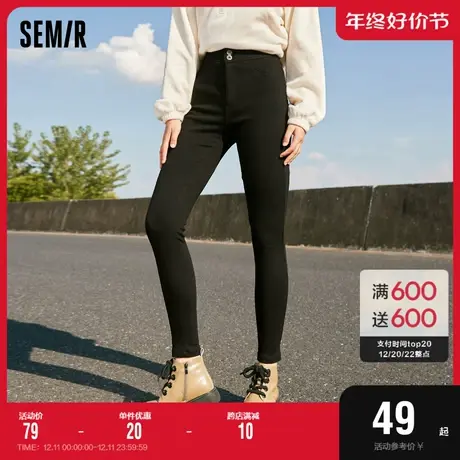 森马休闲裤女黑色修身小脚裤冬新款显高显腿长抓毛九分裤百搭女裤图片