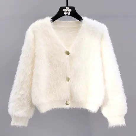 小香风短款水貂绒V领毛衣外套女冬季2023新款高级感显瘦针织开衫商品大图