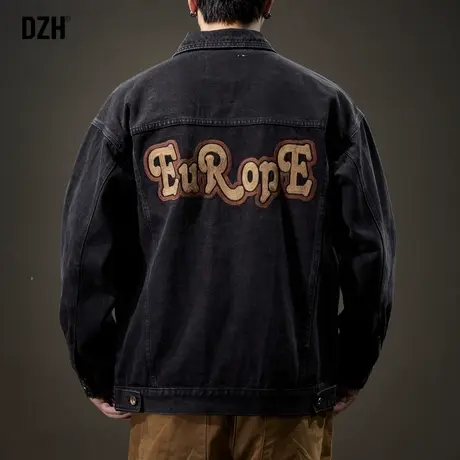 青少年美式黑色牛仔外套男高级感痞帅男装刺绣上衣男款牛仔衣夹克商品大图