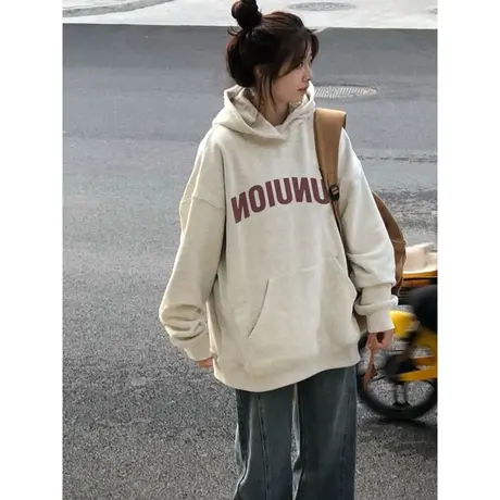美式复古连帽卫衣女百搭宽松韩版字母印花外套学生长袖上衣ins潮商品大图