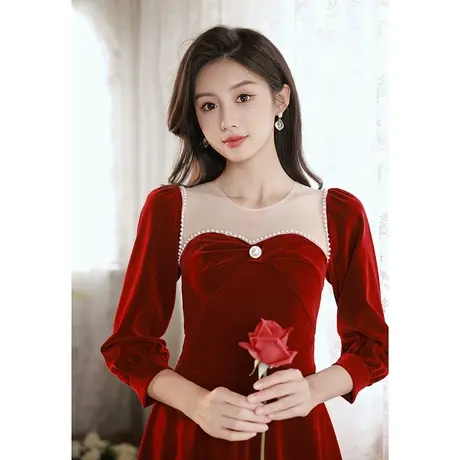 长袖敬酒服新娘2023新款秋冬季酒红色高级感结婚订婚回门礼服大气图片