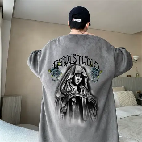 短袖t恤男夏季新款暗黑风人物印花复古宽松体恤潮流薄款水洗半袖商品大图