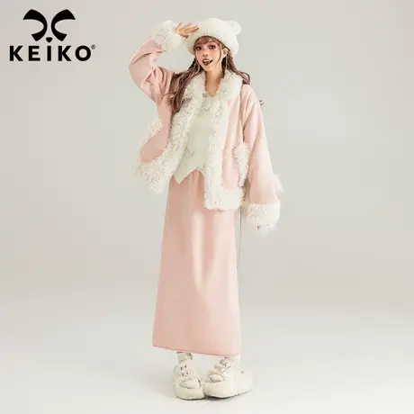 KEIKO [两面穿] 粉色皮毛一体外套2023冬季复古拼色毛毛环保皮草商品大图