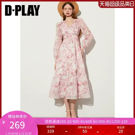 DPLAY春度假风粉色碎花V领肩部荷叶边设计A字大摆裙连衣裙女商品大图