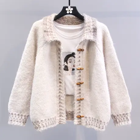 复古慵懒风牛角扣毛衣外套女冬季2024新款宽松加厚减龄针织开衫图片