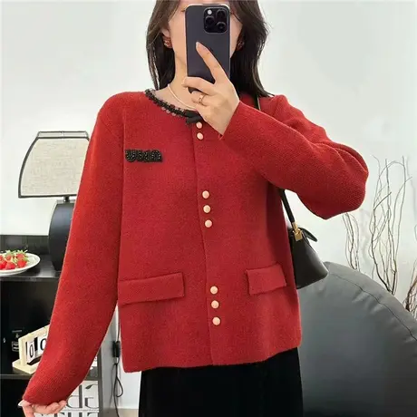 红色新年小香风毛衣蝴蝶结针织开衫外套女小个子女装上衣2024爆款商品大图