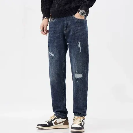 美式高街牛仔裤秋款休闲百搭蓝色牛仔裤微哈小脚裤子男款潮流男装商品大图