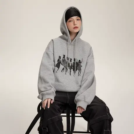 大牌设计感印花连帽卫衣女春秋2024新款复古宽松oversize情侣外套商品大图