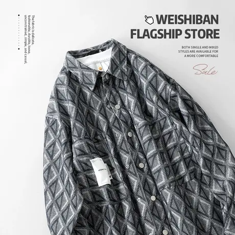 2024年新款春季高级感提花衬衫男长袖美式复古色织小香风牛仔外套商品大图