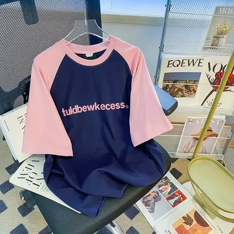 纯棉美式复古撞色插肩短袖t恤女夏季新款设计感小众宽松半袖上衣图片