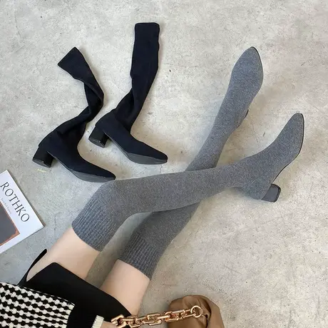 袜子靴女2021春秋新款显瘦弹力连袜靴女粗跟尖头过膝靴长筒瘦瘦靴图片