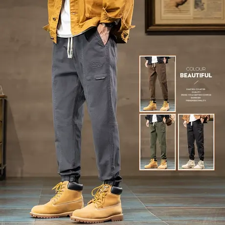 春秋款男士潮牌高端束脚工装秋季男生加肥加大码胖子纯棉休闲裤子商品大图