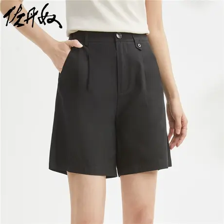 佐丹奴短裤女装纯色梭织褶皱高腰休闲短裤 18403704商品大图