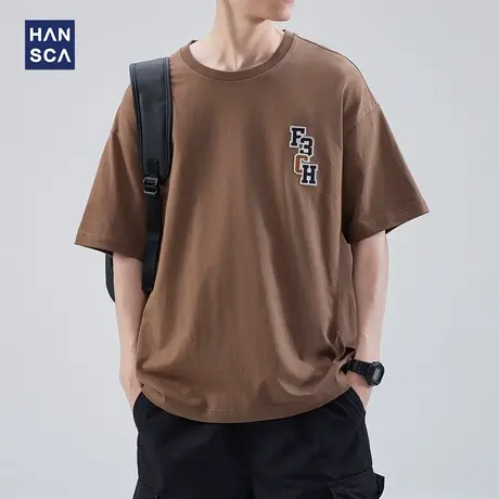 hansca 宽松圆领t恤短袖男青少年夏季潮牌复古休闲运动纯棉上衣服商品大图