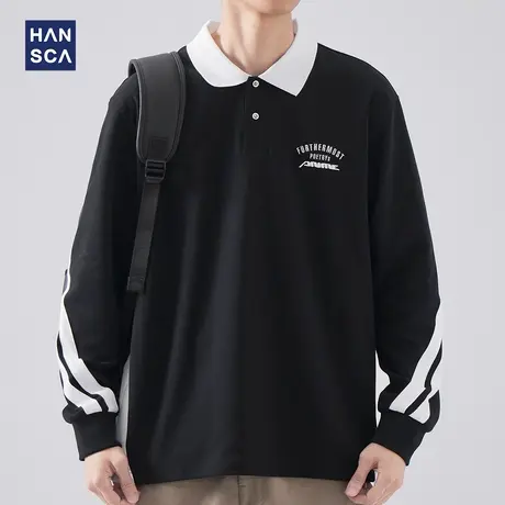 hansca 美式重磅280g条纹长袖t恤男士春季潮牌宽松翻领POLO衫卫衣商品大图
