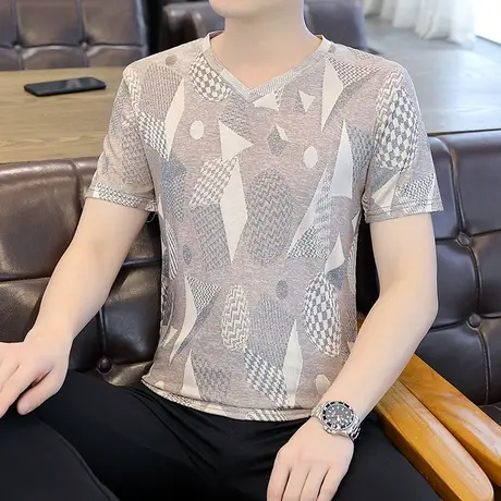 夏季男士冰丝短袖T恤潮流半袖体恤速干男装上衣服v领个性夏季男款商品大图