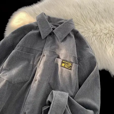 美式复古灯芯绒长袖衬衫男春秋季外套潮牌痞帅大码日系男装上衣服商品大图