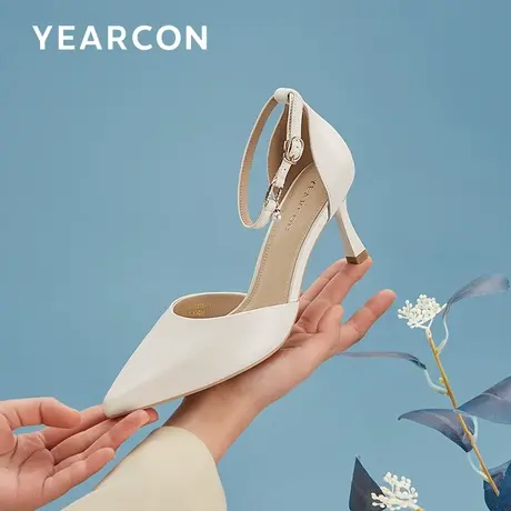 意尔康2023新款一字扣带凉鞋女法式包头仙女风细跟性感真皮高跟鞋商品大图
