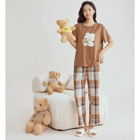 芬腾女夏季薄款棉质短袖套头睡衣卡通可爱少女休闲宽松家居服套装商品大图